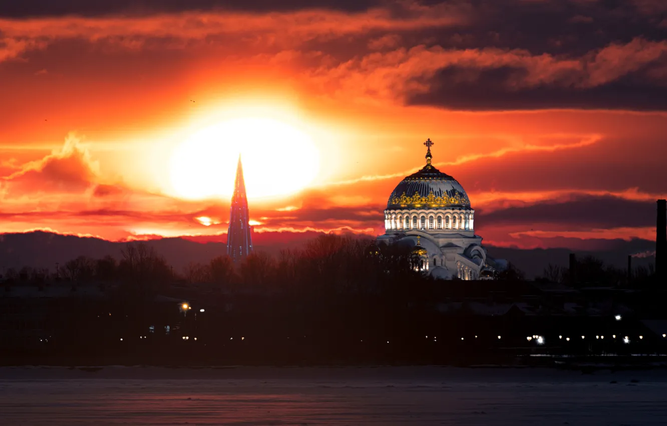 Photo wallpaper sunset, the city, Peter, Saint Petersburg, the dome, Naval Cathedral, Ruslan Kondratenko