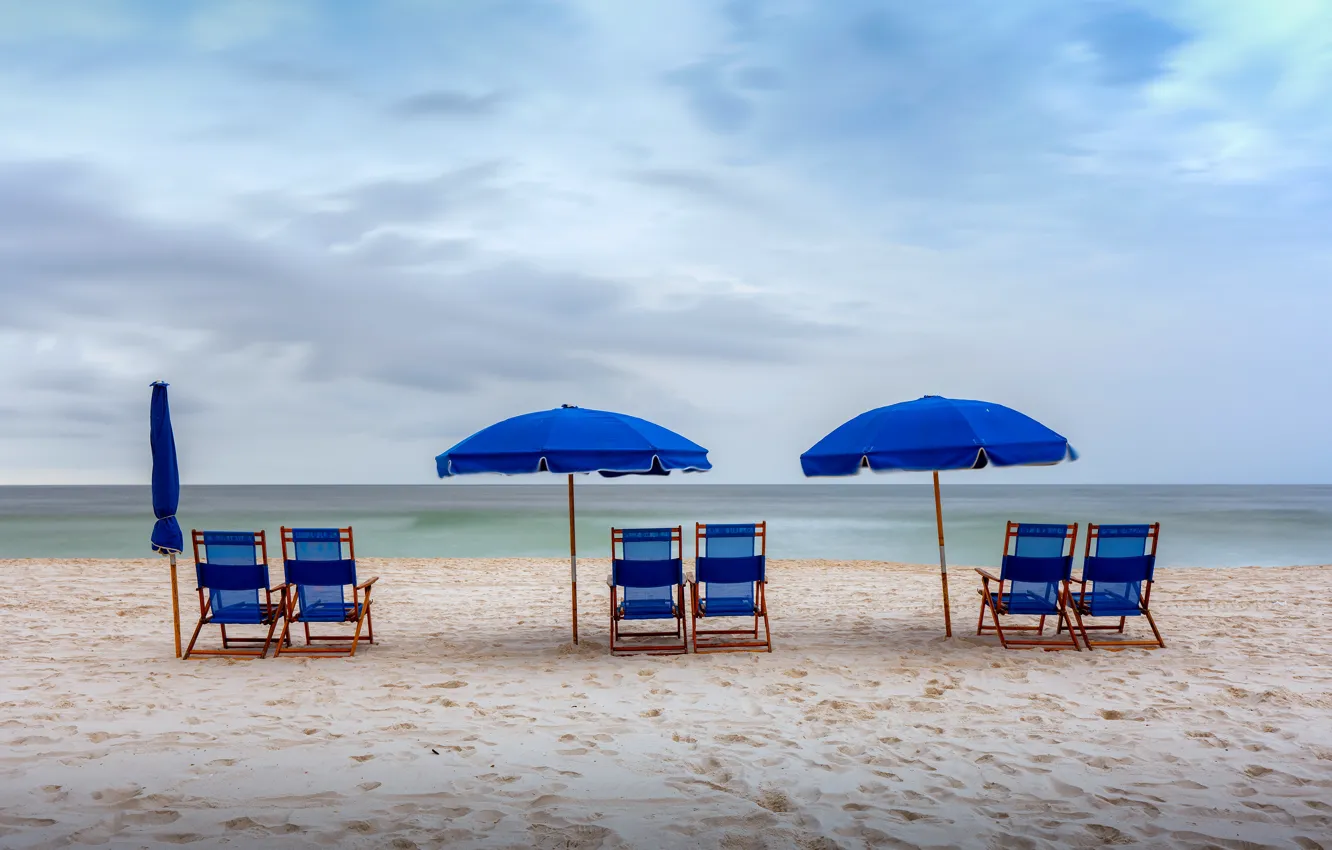 Photo wallpaper sea, shore, umbrella, sun loungers