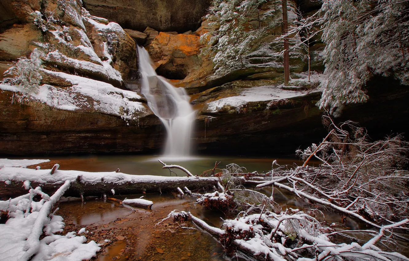 Photo wallpaper winter, snow, trees, rocks, waterfall, USA, Ohio, Hawking