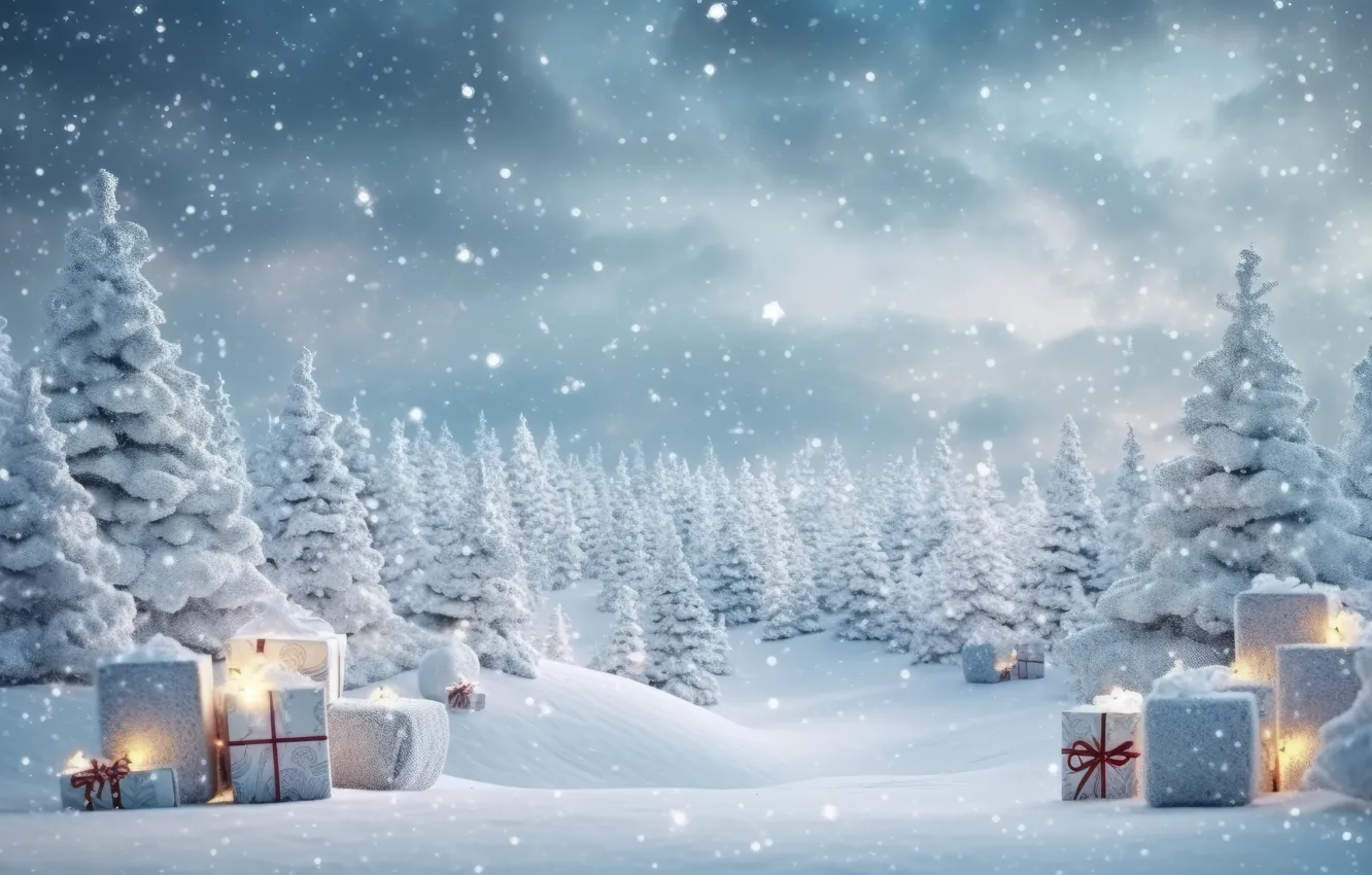 Photo wallpaper winter, frost, forest, the sky, clouds, snow, box, gift