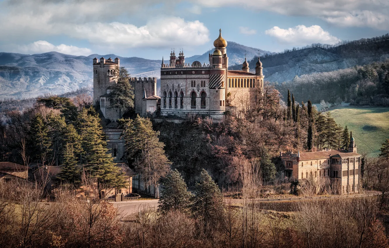 Photo wallpaper forest, mountains, castle, Italy, architecture, Bologna, Rocchetta Mattei Castle