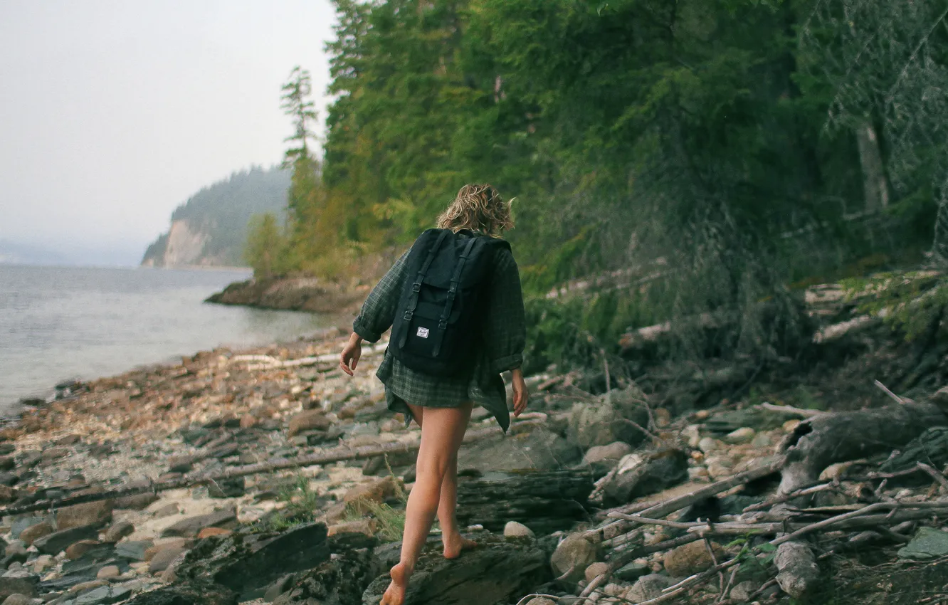 Photo wallpaper forest, girl, lake, shore, backpack, hike