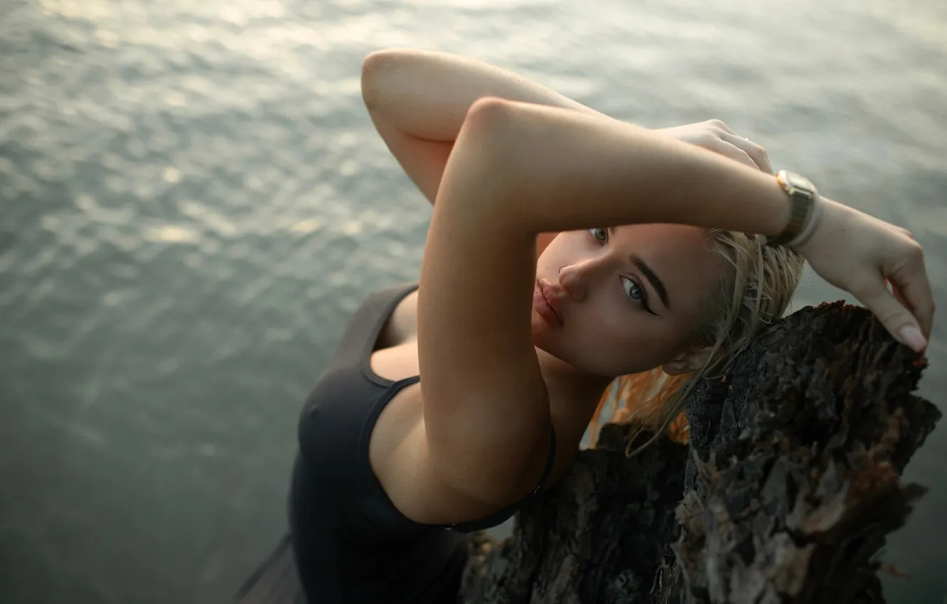 Photo wallpaper girl, bodysuit, water, model, women, blonde, looking at viewer, Black Bodysuit