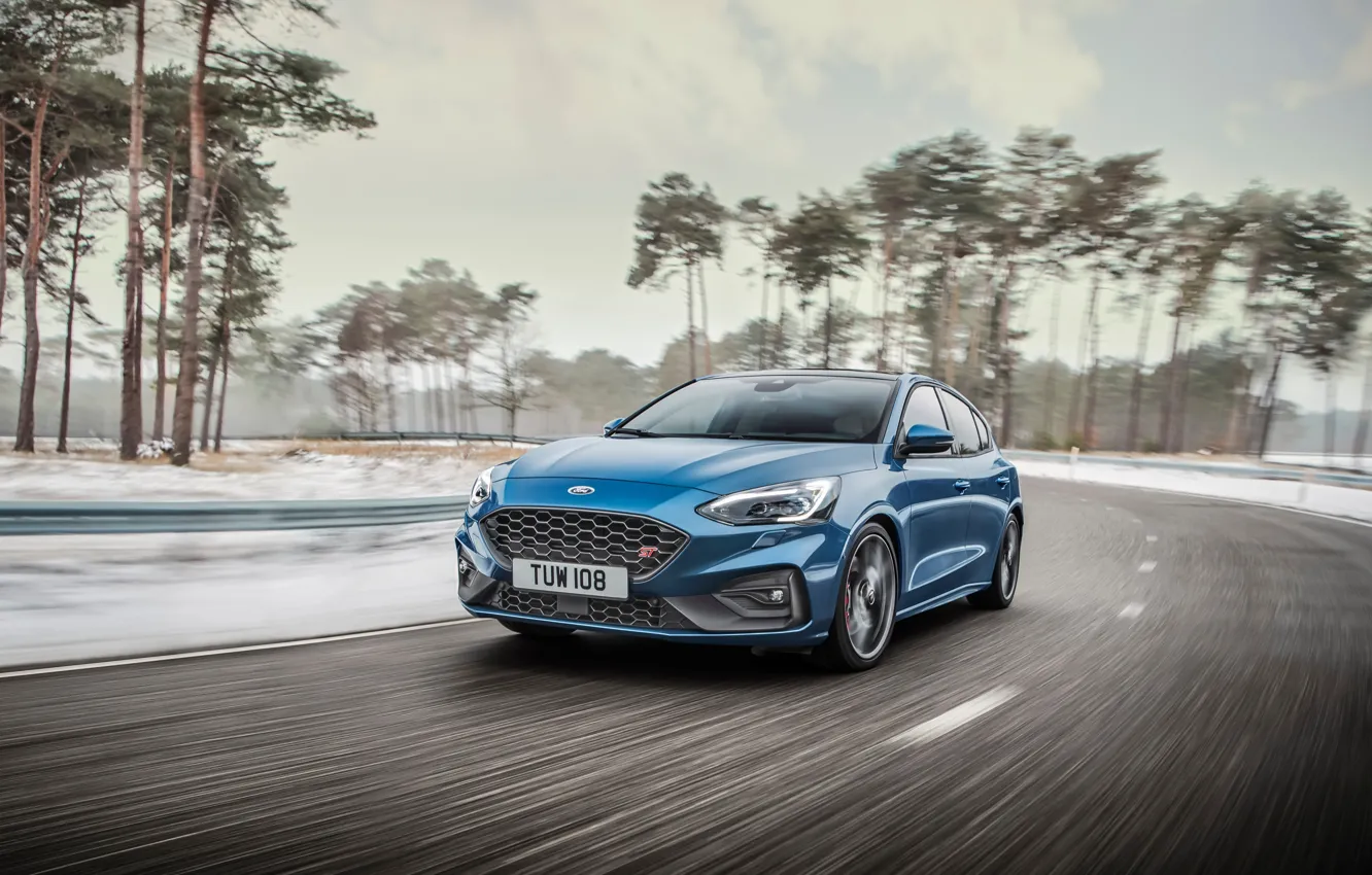 Photo wallpaper machine, asphalt, trees, movement, lights, speed, Ford, Focus ST