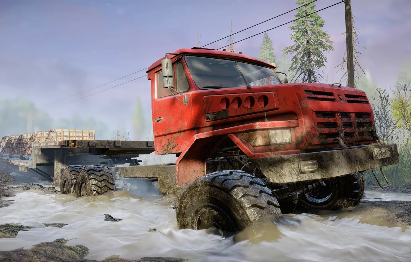 Photo wallpaper HDR, game, trees, water, truck, mud, Offroad, UHD