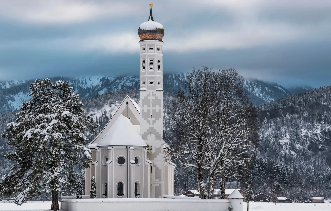 Photo wallpaper white, light, snow, Church, mountains, winter, architecture, trees