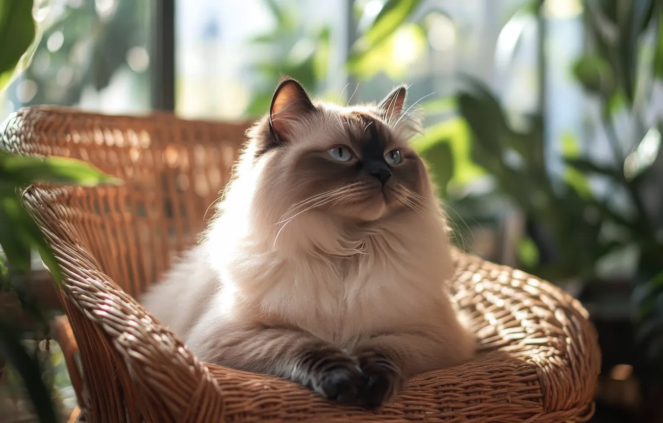 Photo wallpaper cat, cat, look, leaves, light, pose, comfort, room