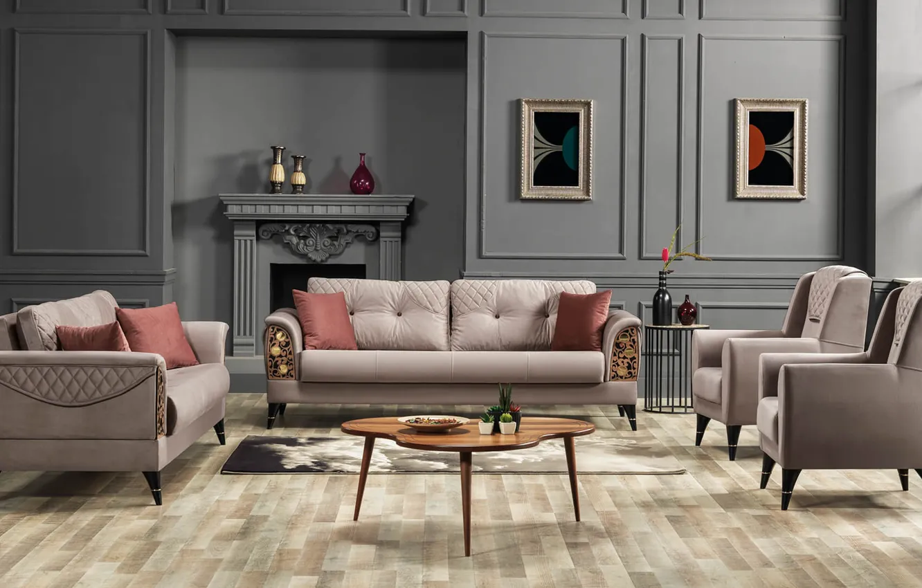 Photo wallpaper design, style, room, interior, fireplace, living room, upholstered furniture