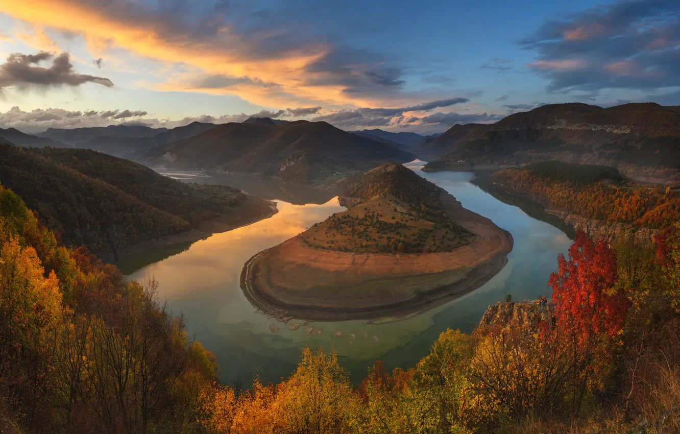 Photo wallpaper autumn, clouds, landscape, sunset, mountains, nature, river, Bulgaria