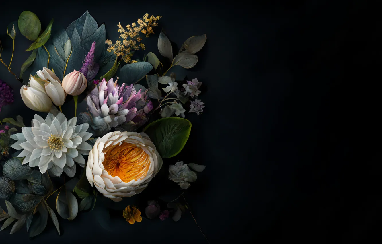 Photo wallpaper leaves, flowers, background, colorful, still life, flowers, floral, background