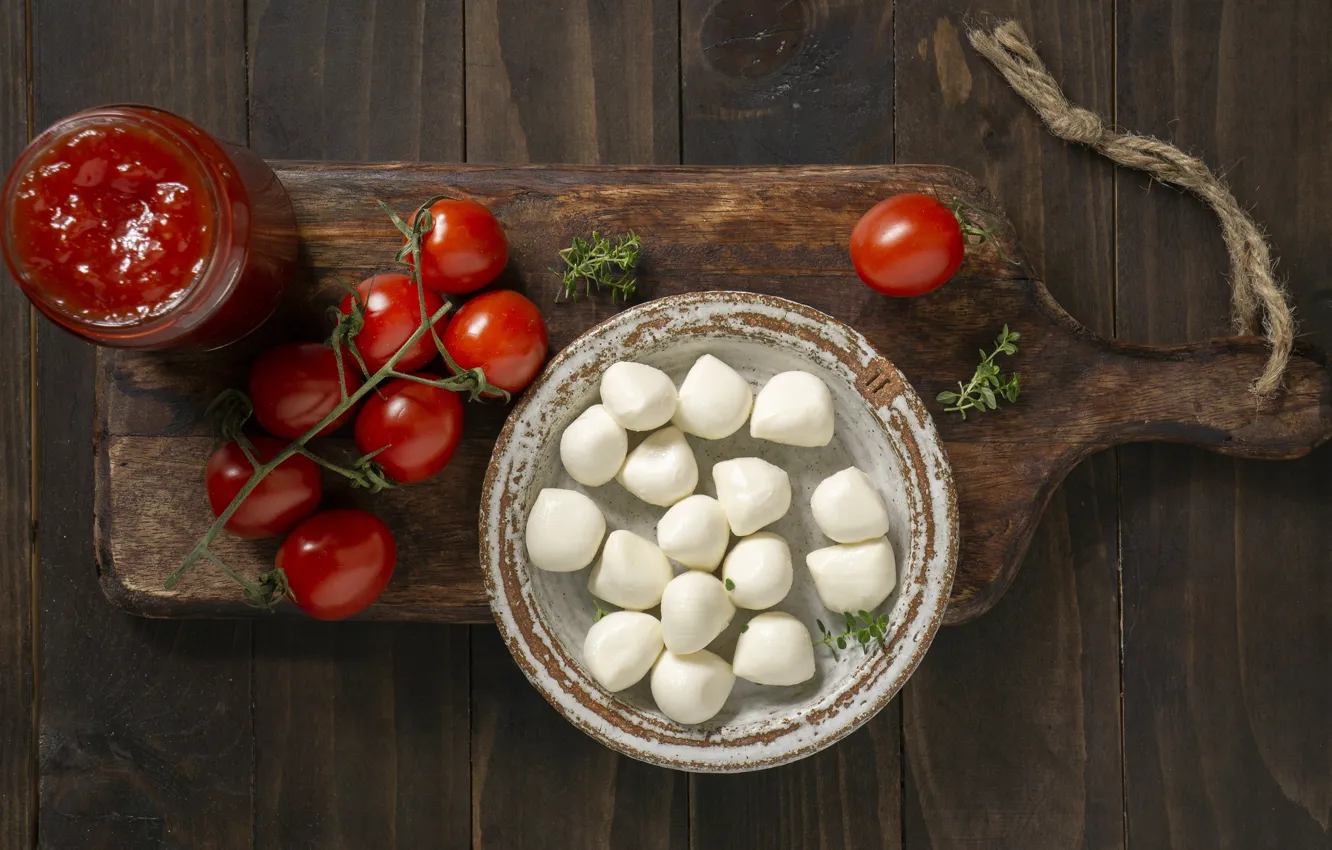 Photo wallpaper Board, tomatoes, sauce, dumplings