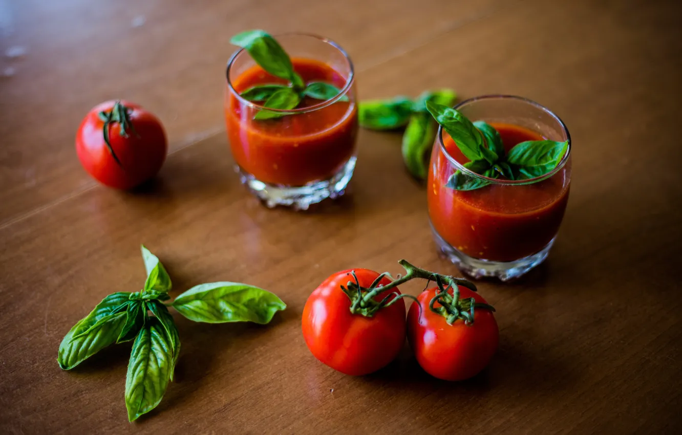 Photo wallpaper glass, tomatoes, tomatoes, tomato juice, Basil