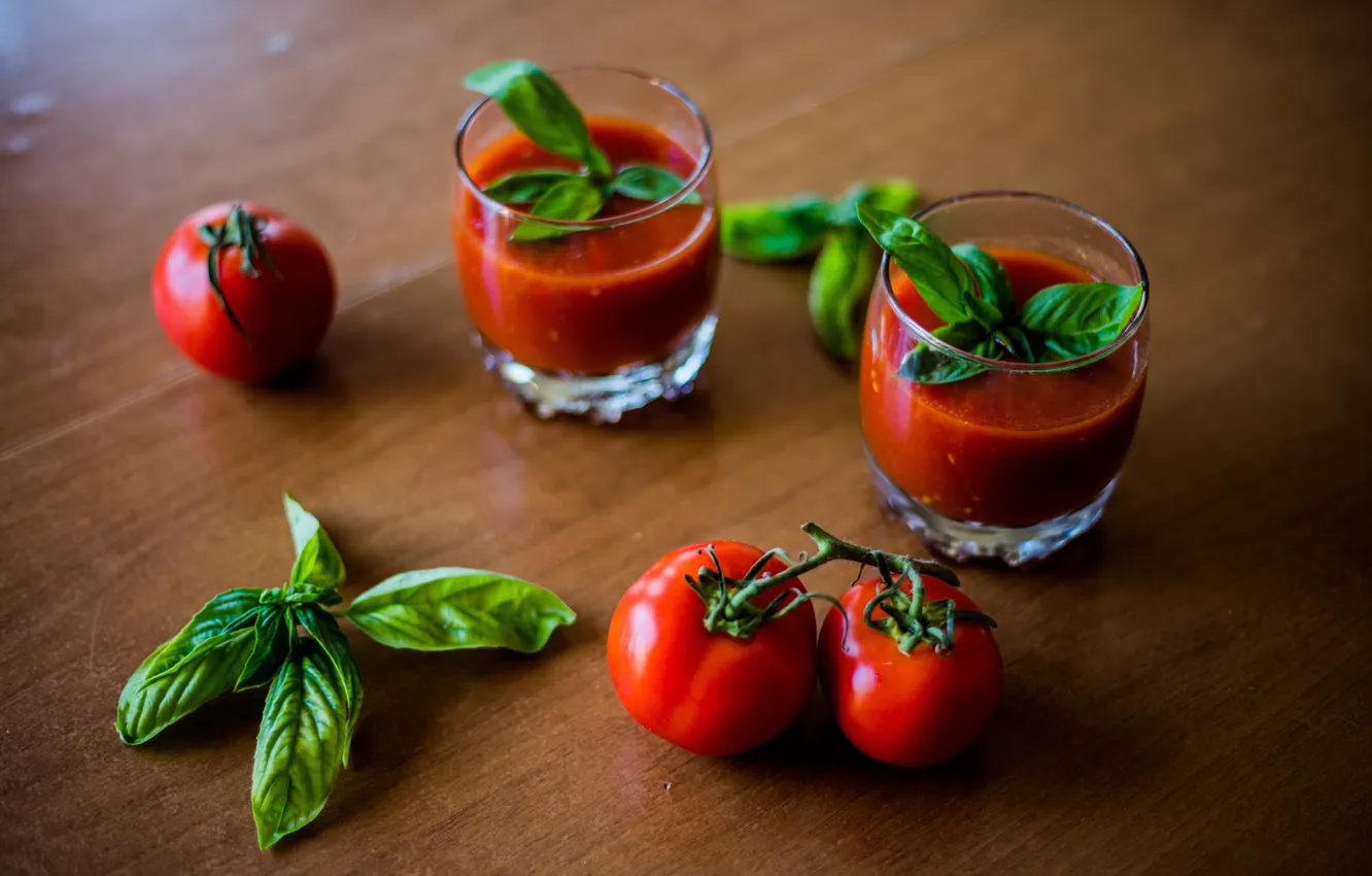 Photo wallpaper glasses, tomatoes, tomatoes, tomato juice, Basil
