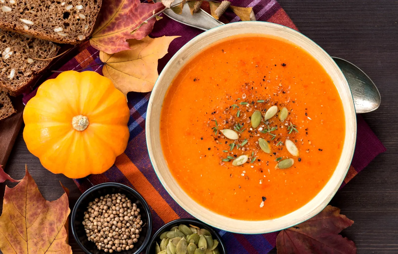 Photo wallpaper bread, soup, pumpkin, bowl, seeds, coriander, puree