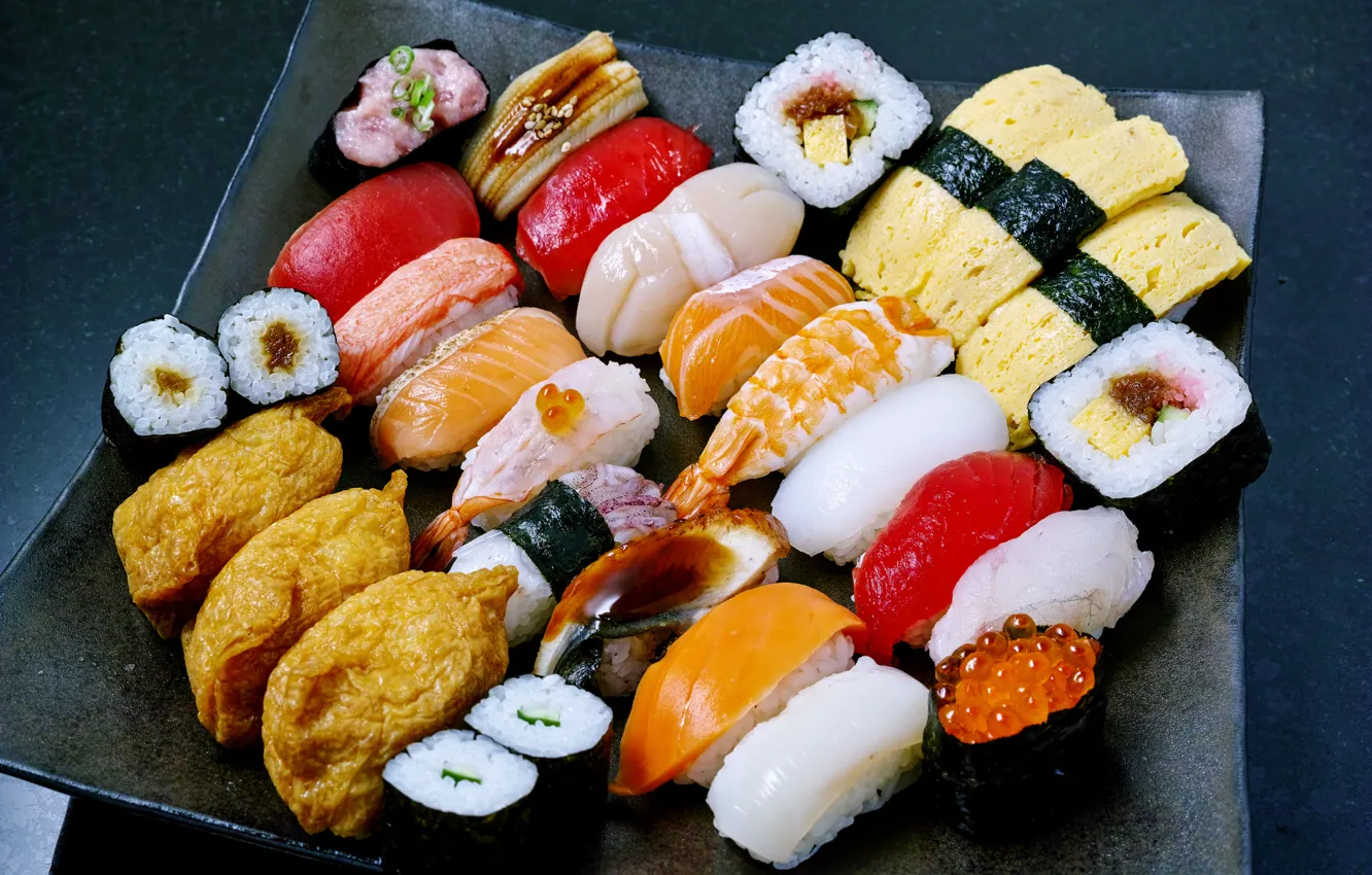 Photo wallpaper fish, dish, sushi, seafood, rolls