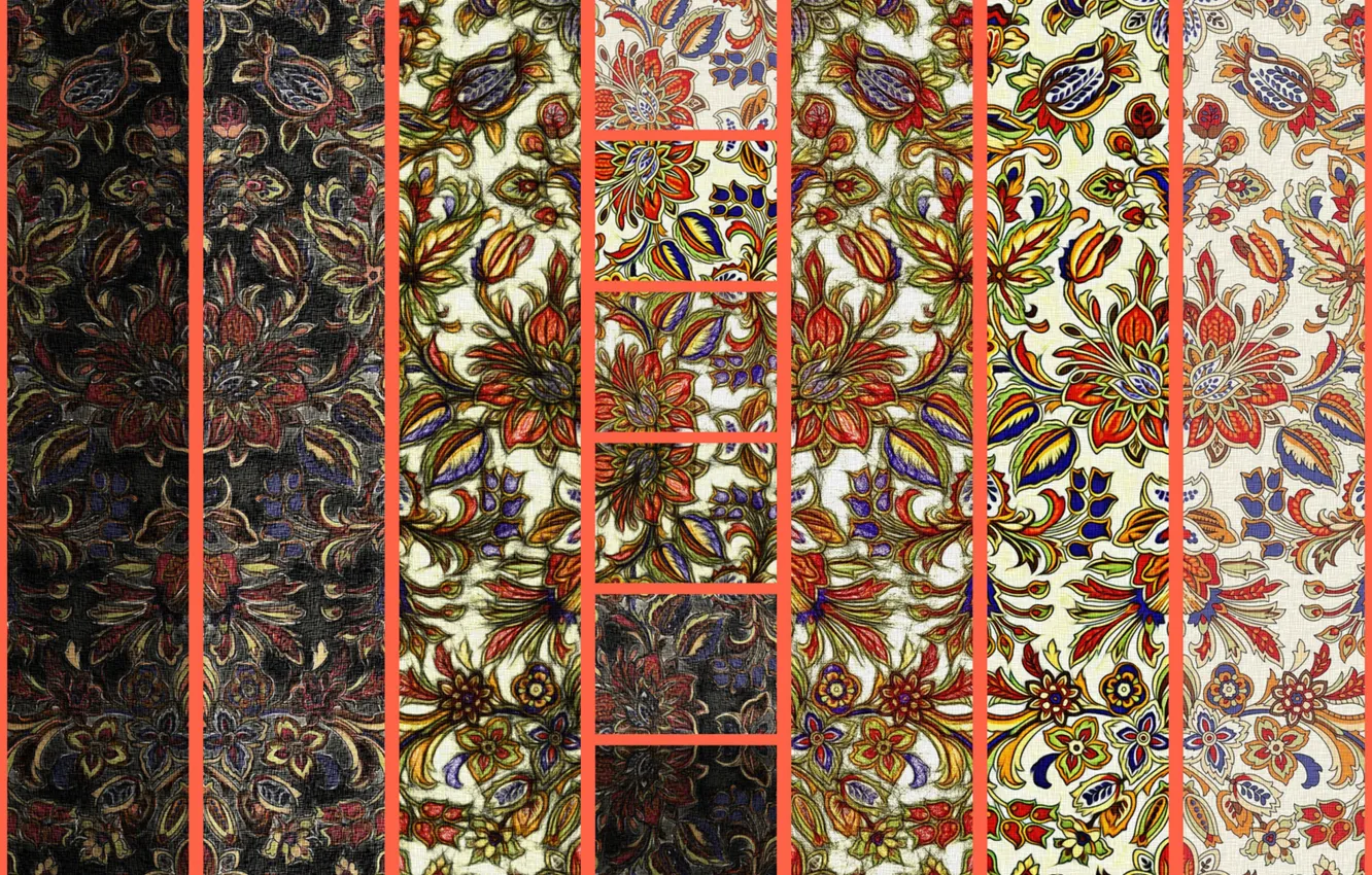 Photo wallpaper canvas, collage, figure, texture, ornaments, textiles, floral patterns, the shades of the fabrics
