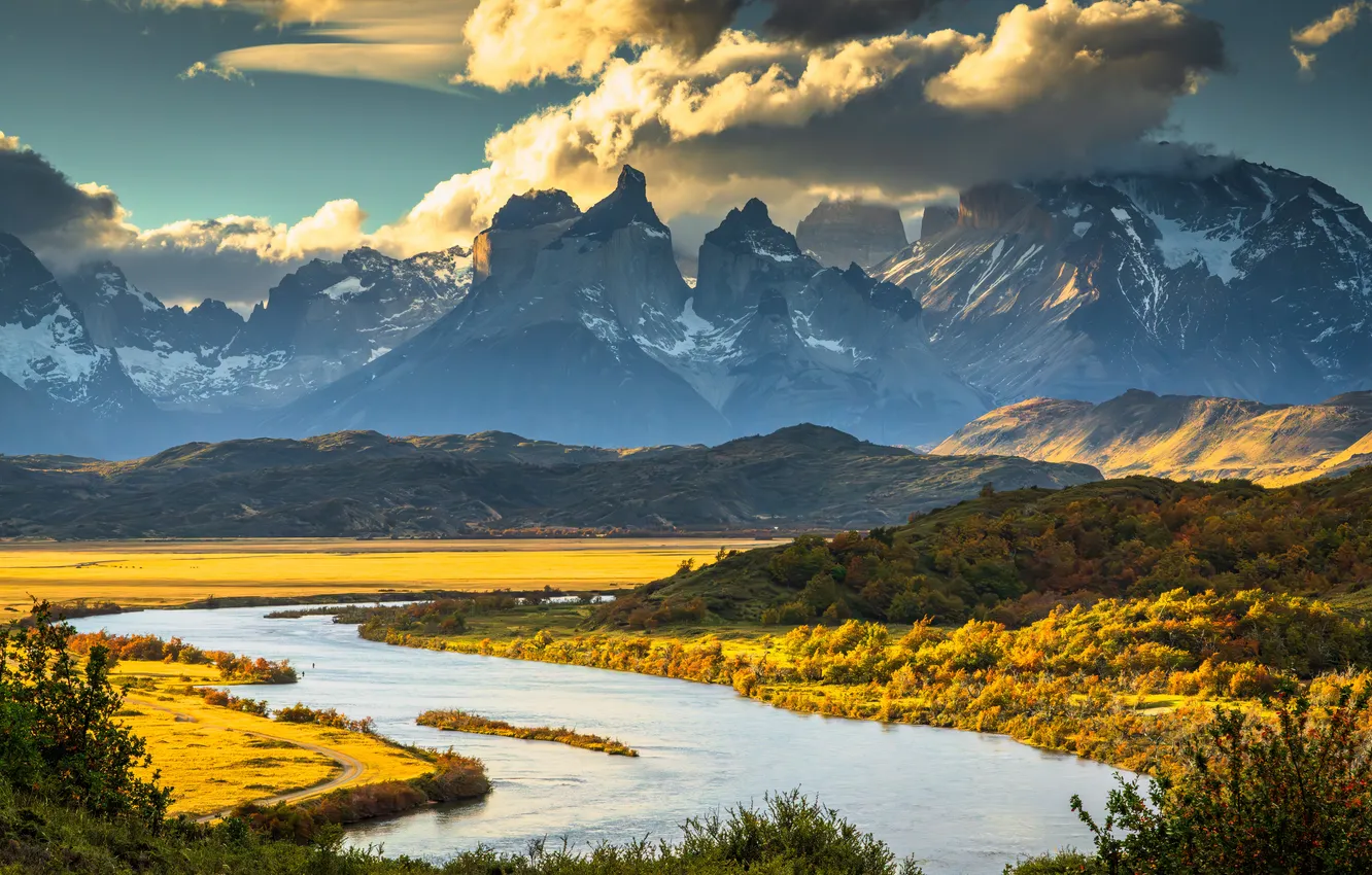 Photo wallpaper clouds, mountains, river, Chile, Torres del Paine National Park