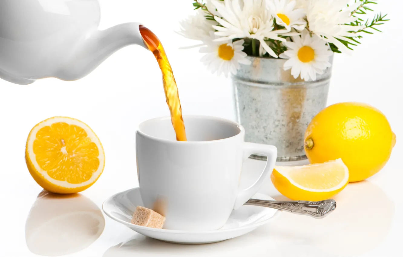 Photo wallpaper flowers, lemon, tea, chamomile, Cup, sugar, drink, spoon