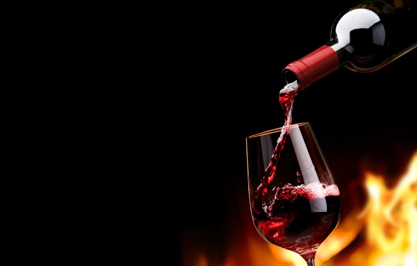 Photo wallpaper fire, flame, wine, red, glass, bottle, black background