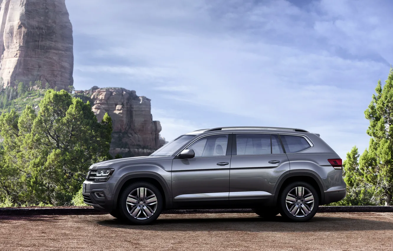 Photo wallpaper the sky, mountains, grey, vegetation, Volkswagen, Atlas, 2017