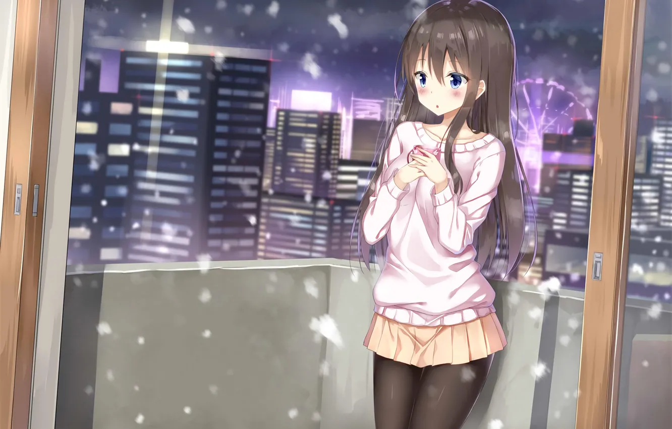 Photo wallpaper girl, snow, the city, mug, anime, art