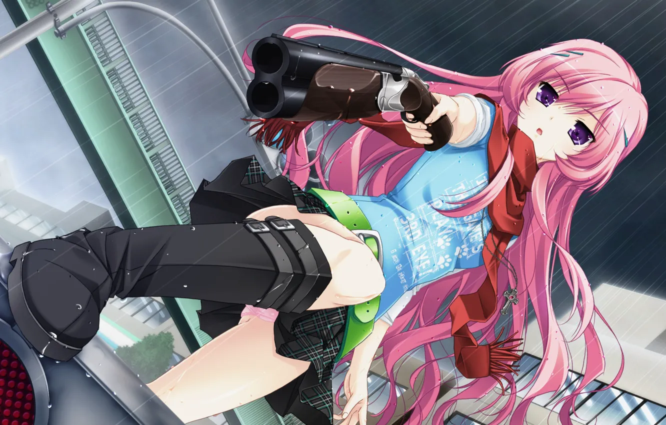 Photo wallpaper girl, gun, rain, art, traffic light, Anime, pink hair, cross
