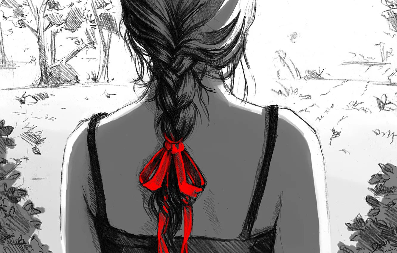 Photo wallpaper girl, red, figure, art, black and white, braid, bow, back