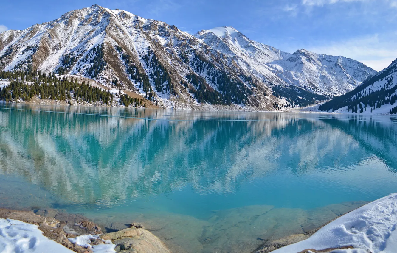 Photo wallpaper lake, Mountains, winter