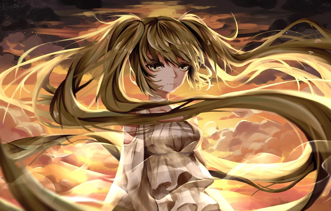 Photo wallpaper the sky, girl, clouds, sunset, anime, art, vocaloid, hatsune miku