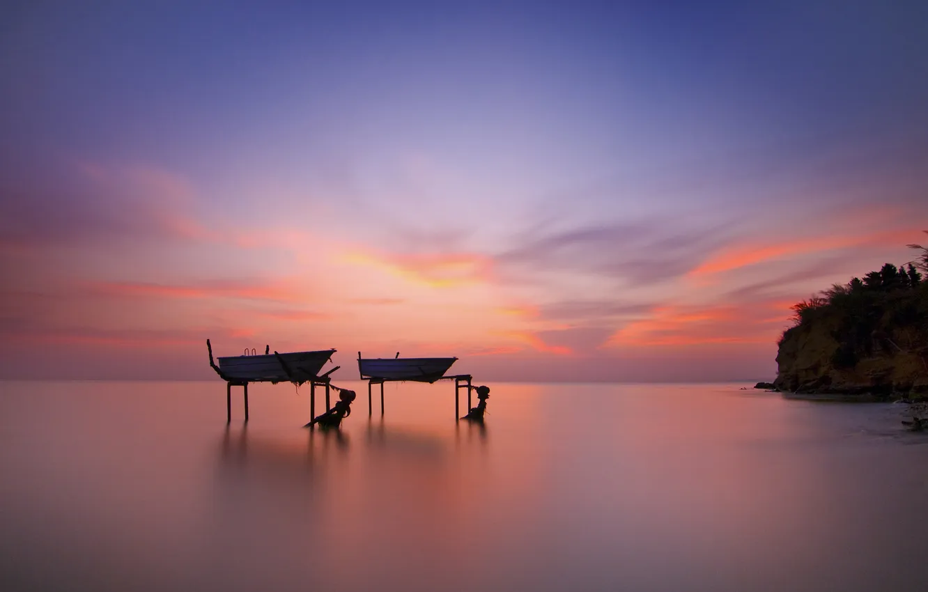 Photo wallpaper sea, sunset, surface, island, boats, twilight