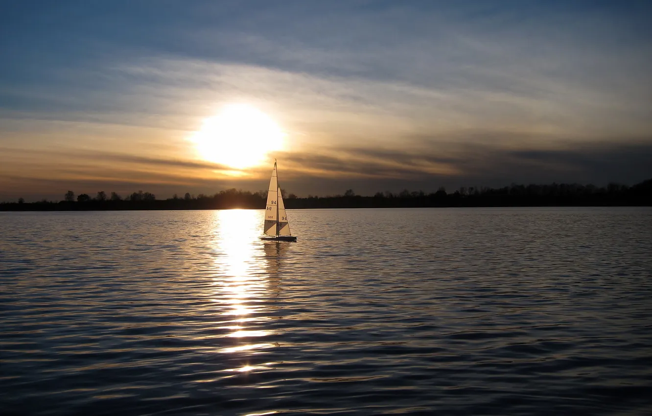 Photo wallpaper night, lake, boat, sail