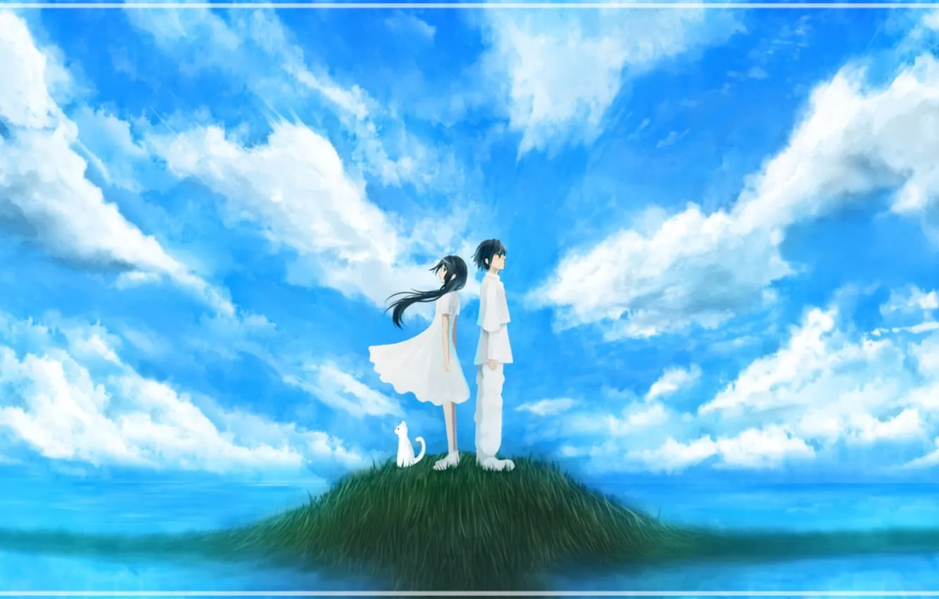 Photo wallpaper sea, cat, grass, girl, island, guy, long-haired