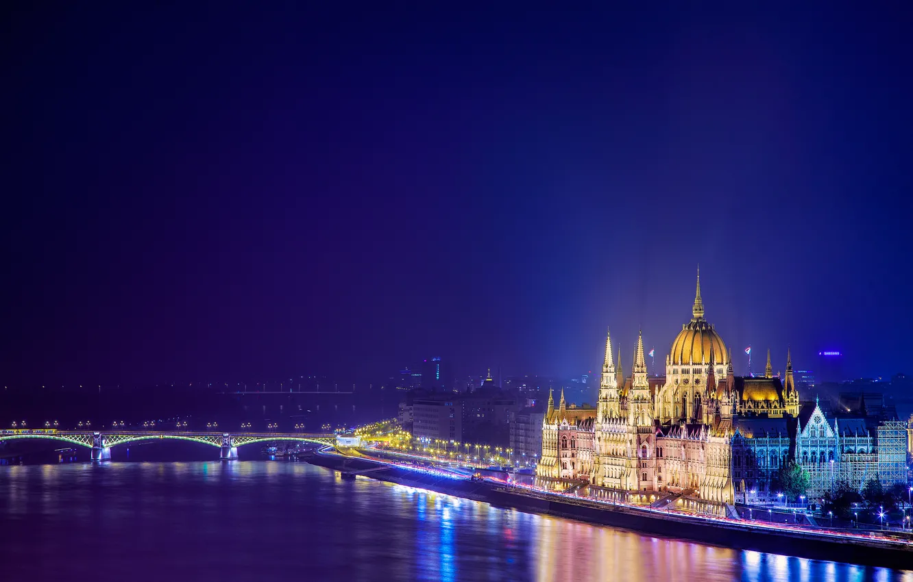 Photo wallpaper night, the city, river, building, architecture, Parliament, Hungary, Budapest