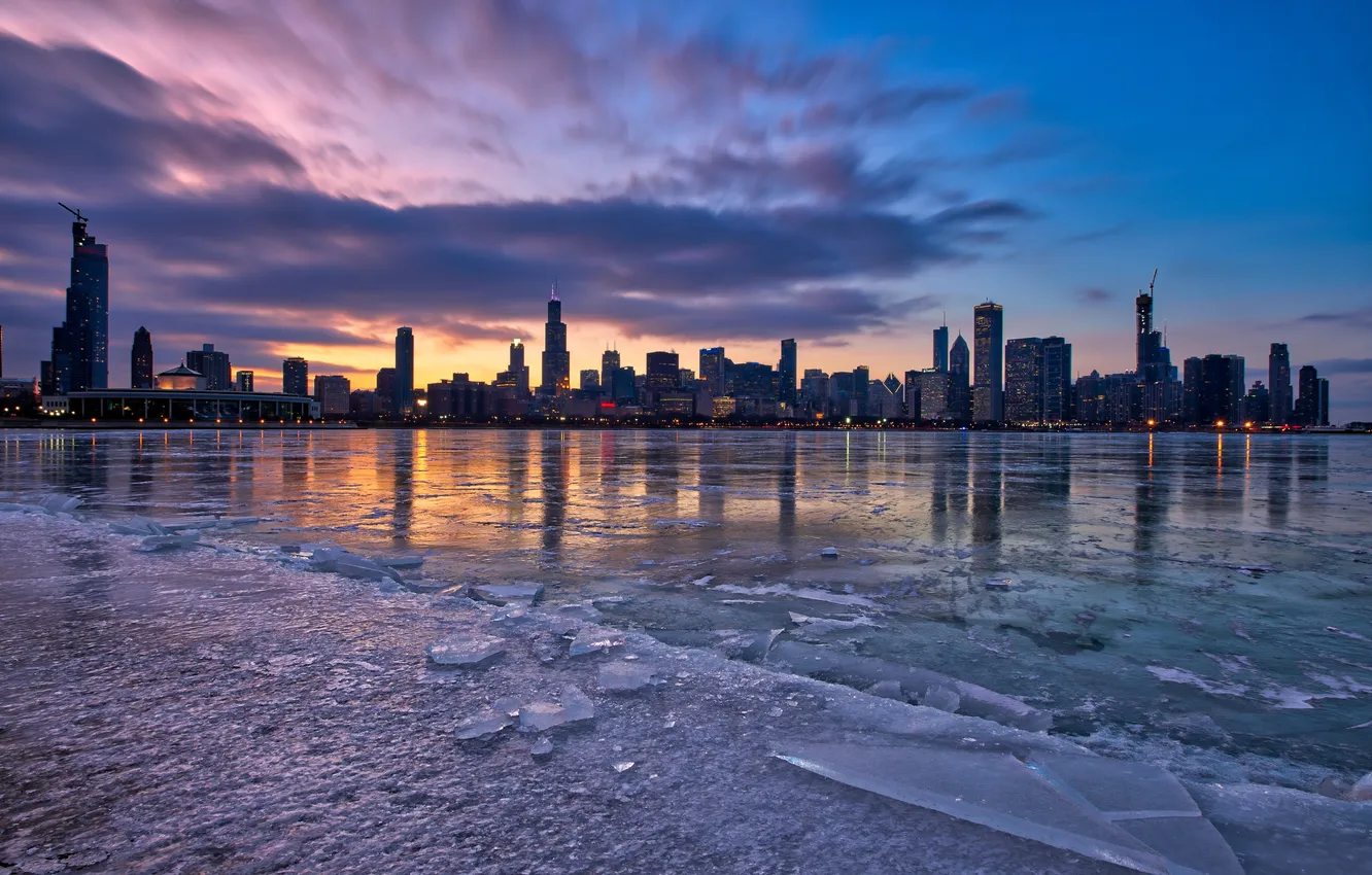 Photo wallpaper sunset, skyscrapers, the evening, Chicago, USA, megapolis