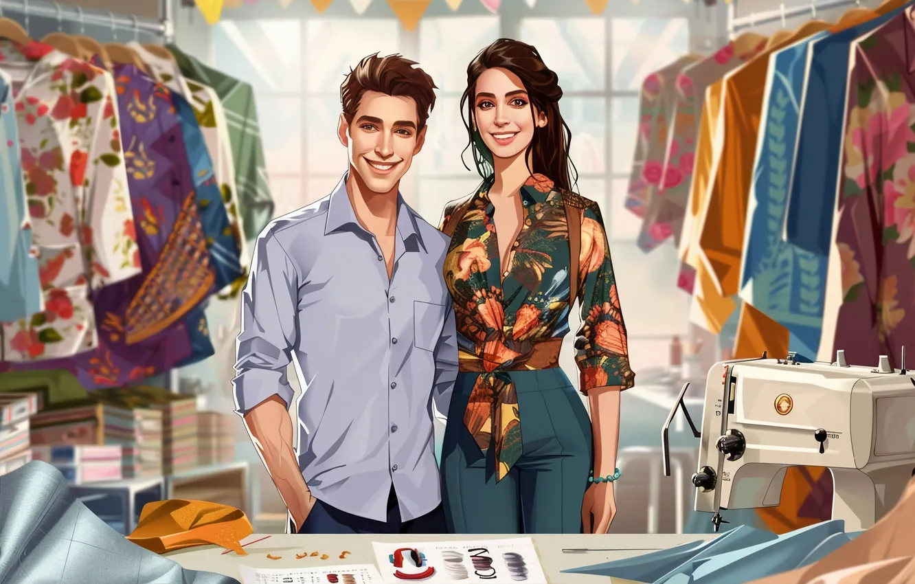 Photo wallpaper girl, smile, sketch, guy, two, designer, seamstress, digital art