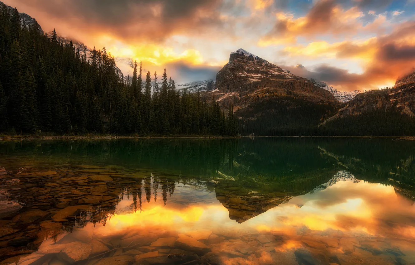 Photo wallpaper forest, the sky, clouds, sunset, mountains, lake, reflection, stones