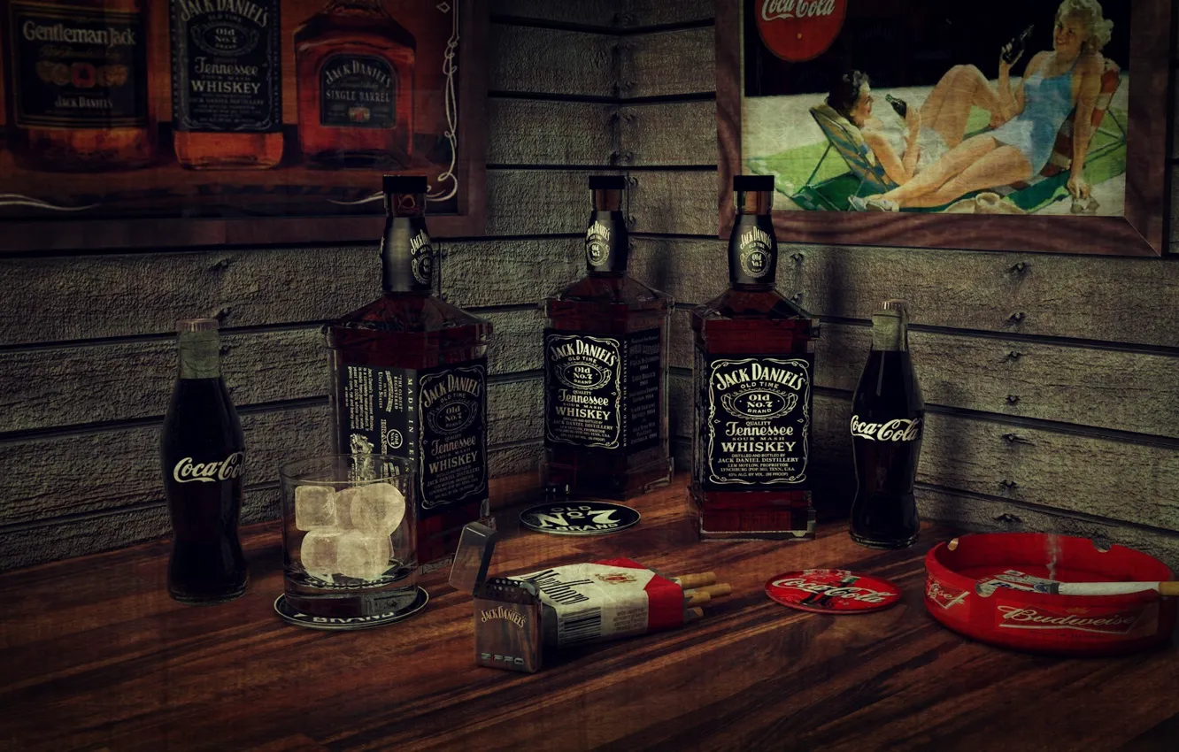 Photo wallpaper ice, whiskey, smoking, bar, cigarette, bottles, Coca-cola, Jack Daniels