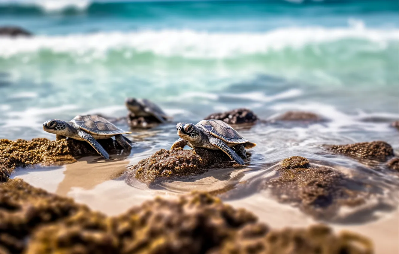Photo wallpaper sand, sea, water, shore, turtle, cub, sea turtle, bug