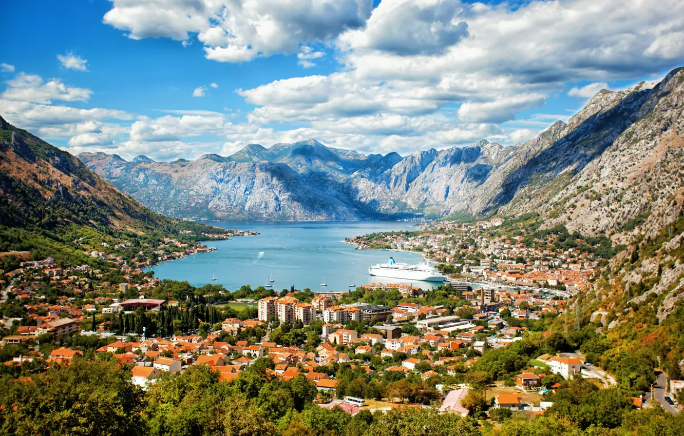 Photo wallpaper mountains, home, panorama, liner, sea, Montenegro, To