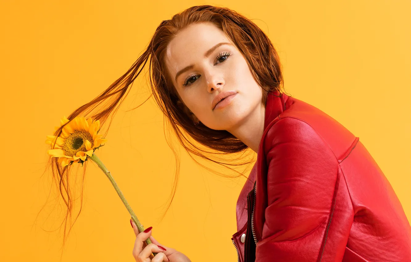 Photo wallpaper look, sunflowers, flowers, yellow, red, background, makeup, actress