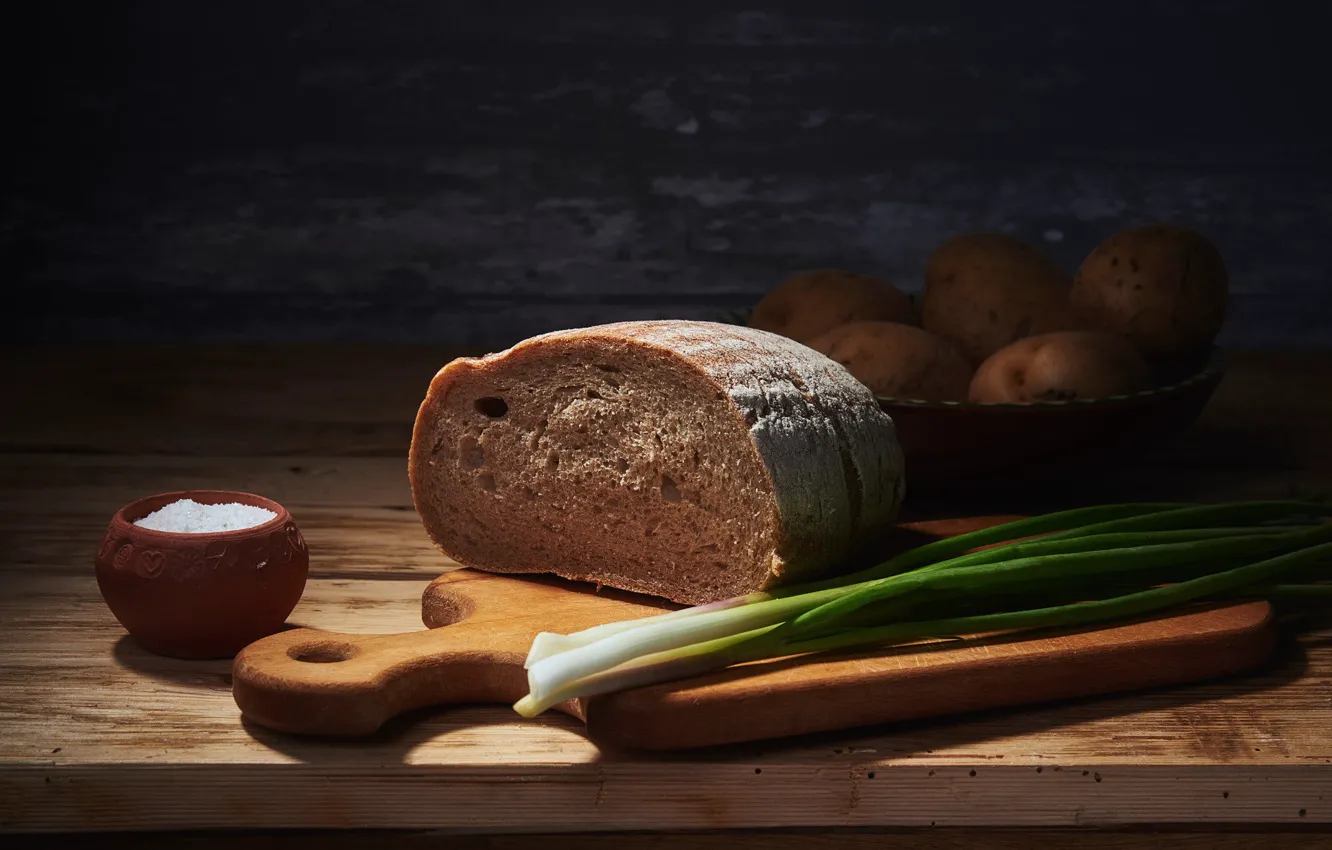 Photo wallpaper light, green, the dark background, table, food, feathers, bow, bread