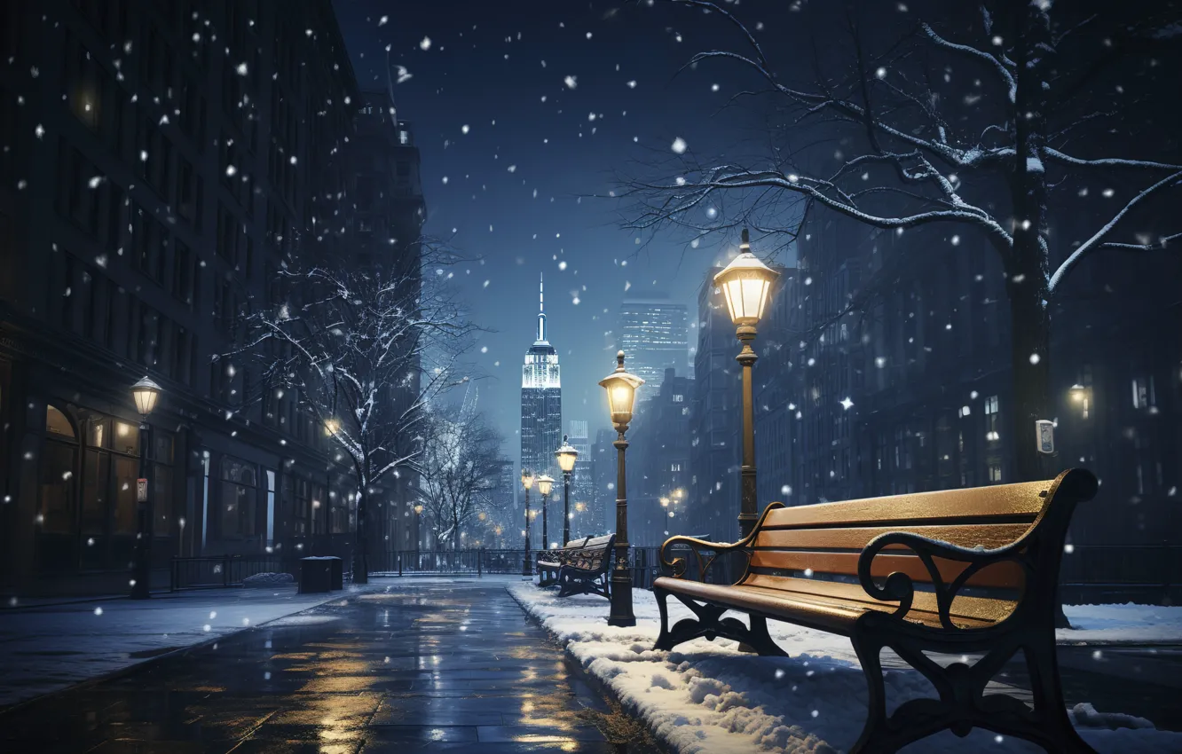 Photo wallpaper winter, snow, bench, night, city, the city, lights, lights
