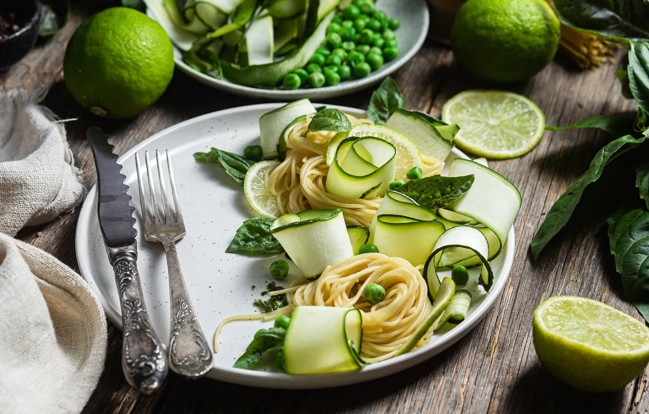 Photo wallpaper leaves, table, Board, towel, plate, knife, lime, citrus