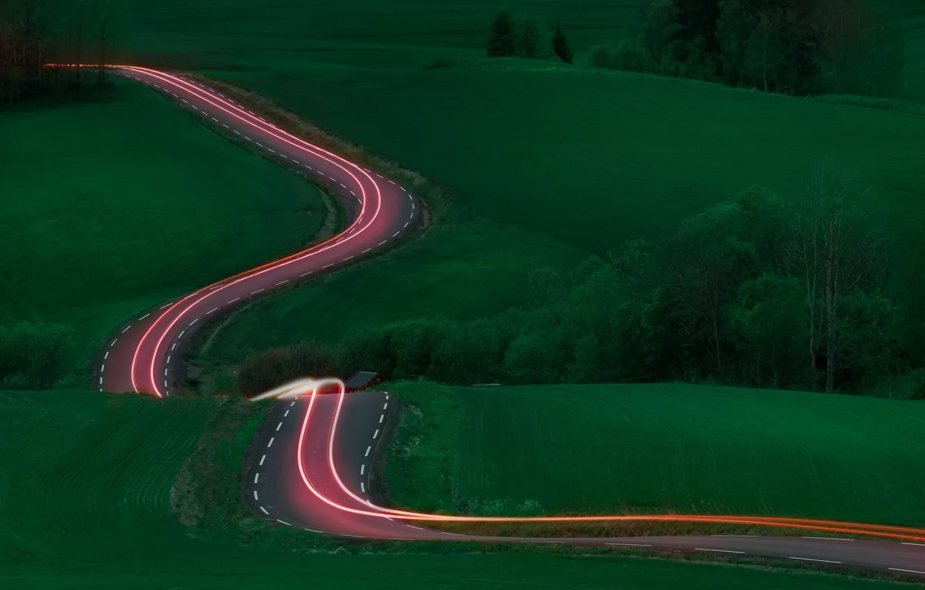 Photo wallpaper road, field, lights