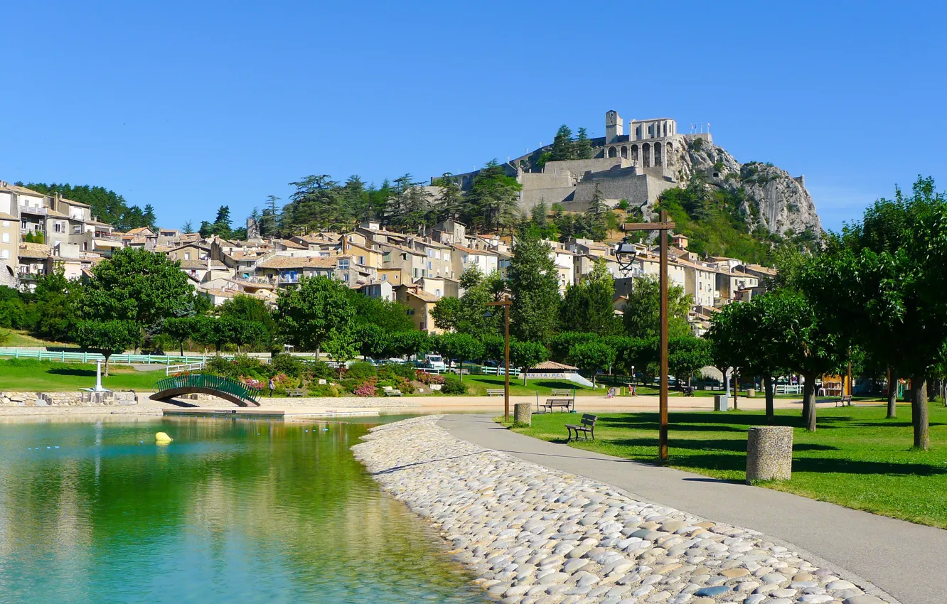 Photo wallpaper trees, pond, France, Sisteron
