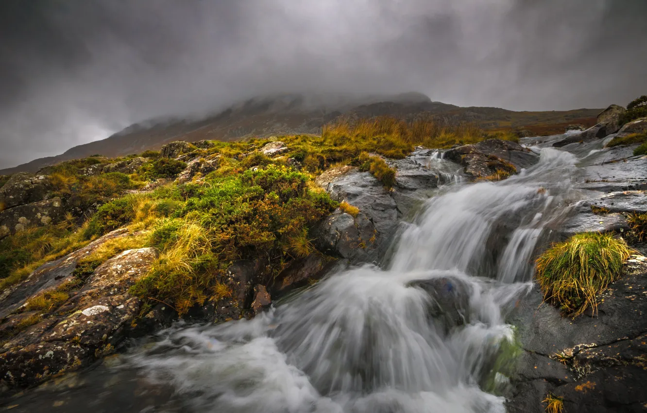 Photo wallpaper clouds, mountains, fog, river, stream, stream, Wales, Snowdonia