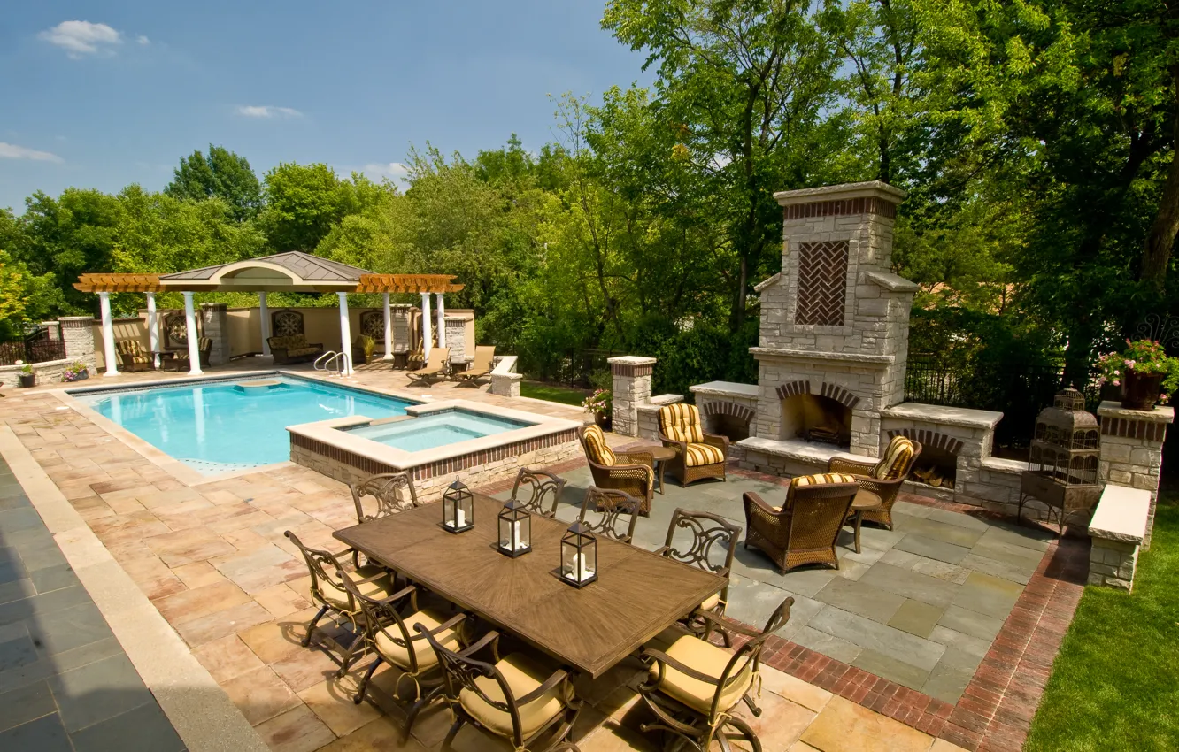 Photo wallpaper furniture, pool, oven, terrace