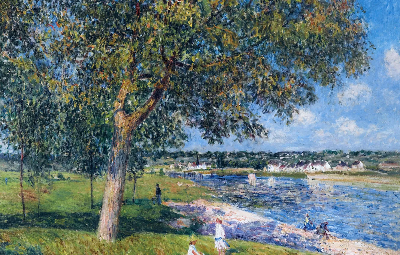 Photo wallpaper landscape, river, picture, Alfred Sisley, Alfred Sisley, Walnut Tree in Tamri