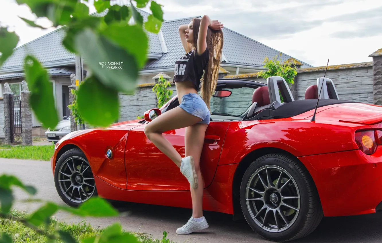 Photo wallpaper road, red, pose, model, shorts, portrait, home, makeup