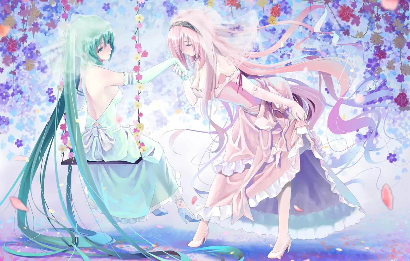 Photo wallpaper smile, girls, mood, vocaloid, hatsune miku, megurine luka, Vocaloid, art